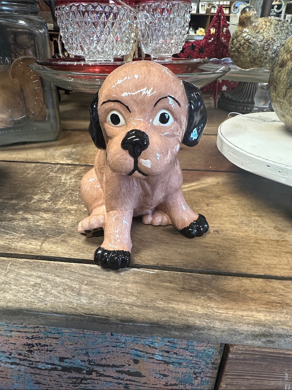 Vintage Ceramic Beige and Black Puppy Figurine - Decorative Dog Statue